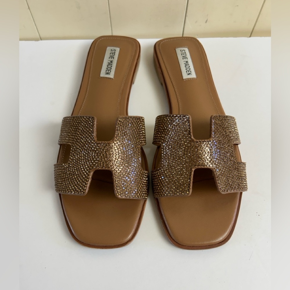 Women's Steve Madden Slip-On Haydn Sandals Bronze Glitter Rhinestone Size 10